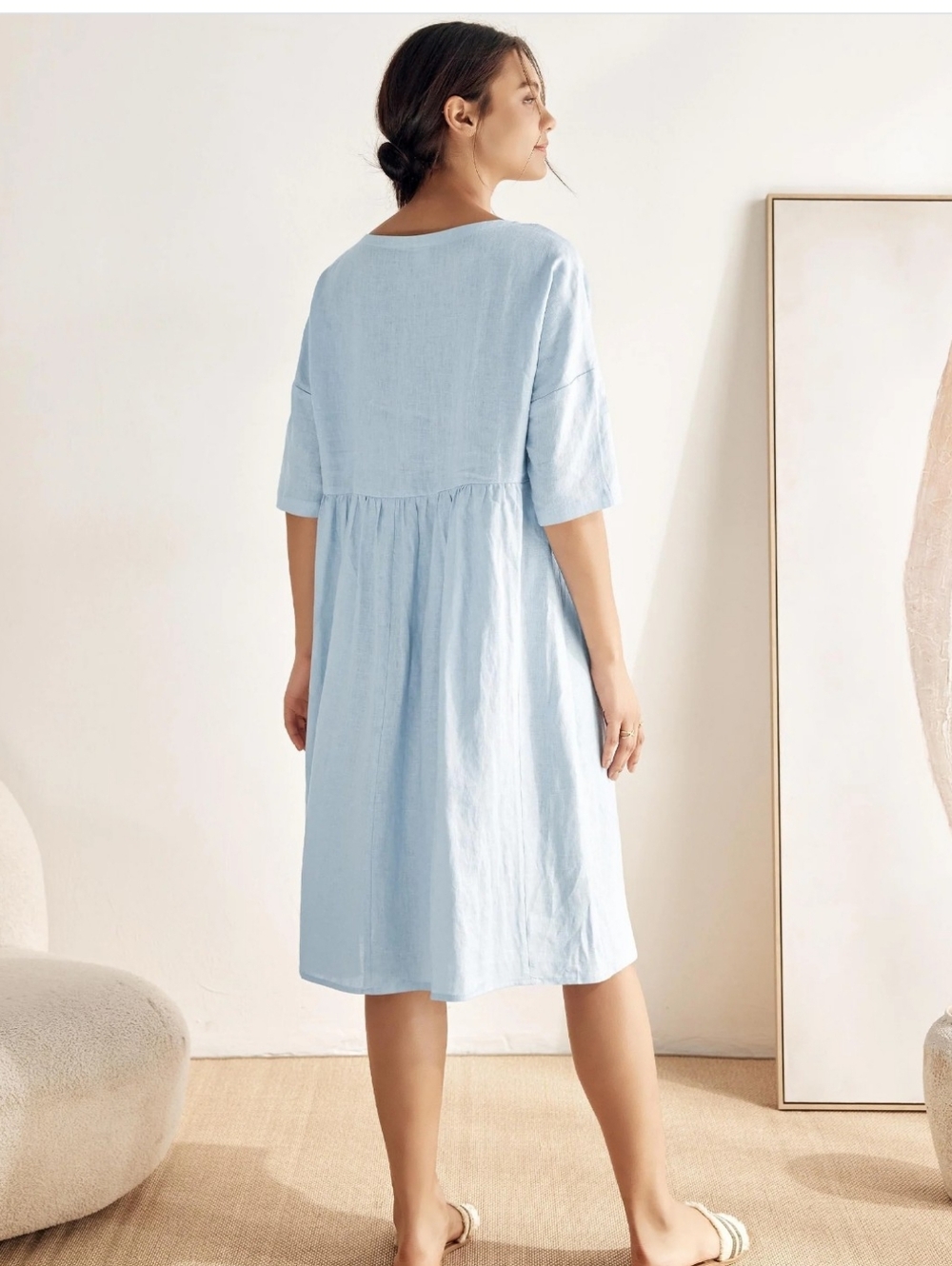 Lintico Women's Baby Blue 100% Linen A Line Midi Short Sleeve Dress | Medium - Picture 2 of 7